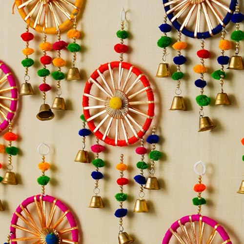 Image of Bindian Pom Pom Ring Bell Chakri Hanging for Home Decor, Pack of 5 Wall Hanging Decoration for Living Room, Backdrop Decoration Items for Ganpati, Navratri, Diwali Festival & Pooja Room Decor