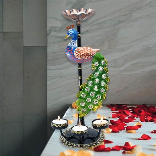 Image of Kraftskala Tea Light Candle Holder Decorative Peacock Showpiece Metal Figurine 4 Candle Diya Burner Slots for Living Room, Diwali Gifts, Home Decor