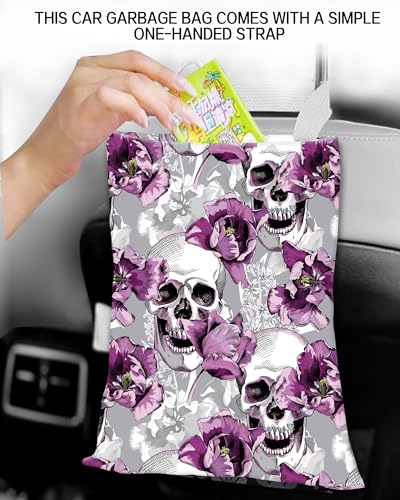 Image of Car Garbage Can, Hanging Car Trash Can for Back Seat Organizer, Cool Skull Flowers