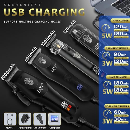 Image of Men's Professional Cordless Hair Clippers & Trimmer Kit, 4-in-1 Electric Shaver Set with LED Display, Waterproof Body Groomer, Nose Trimmer & T-Blade for Bald Head, Full Barber Kit (Blue)