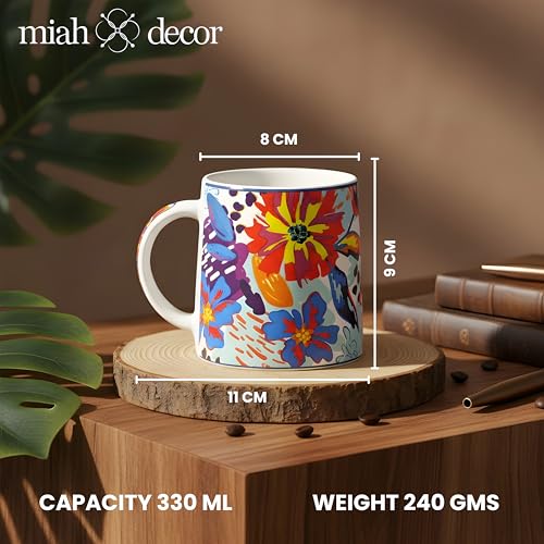 Image of Miah KaleidoBloom Ceramic Cup Set - Set of 4 | 10.16 cm x 6.85 cm x 8.89 cm | Handcrafted Coffee & Tea Mugs | Microwave & Dishwasher Safe | Vibrant Abstract Floral Design