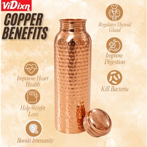 Image of Pure Copper Water Bottle with Leak-Proof Lid | Hammered Design Copper Bottle for Drinking Water | Reusable & Eco-Friendly Bottle for Home, Office, Yoga & Travel (Copper Doty)