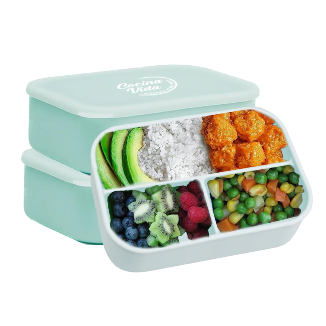 Cocina Vida Bento Box 2er Pack - 44oz/1400ml - Auslaufsichere Lunchbox mit 3 Fächern - BPA-frei - Lebensmittelechtes Silikon