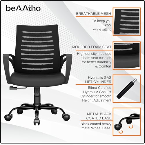 beAAtho® Verona Mesh Mid-Back Ergonomic Home Office Chair | 3-Years Limited Warranty | Tilting & Height Adjustable Mechanism, Heavy Duty Metal Base... - Image 4