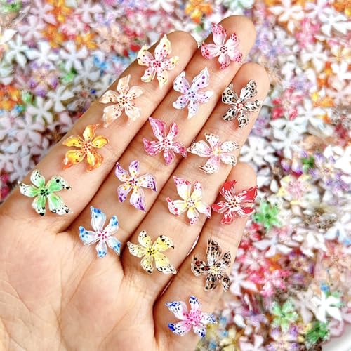 GlamRays Lot de 60 breloques hawaïennes 3D pour nail art – Pierres précieuses en cristal d'hibiscus et décorations en diamant coloré avec petites fleurs...
