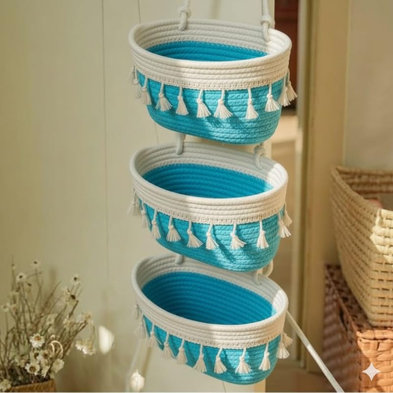 3 Tier Hanging Storage Basket Set – Cotton Rope Wall Hanging Organizer with Tassels | Multi-Purpose Decorative Storage for Kitchen, Bathroom, Bedroom | Space Saving (Aqua & White, 3 Pieces