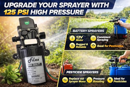 Image of FILOX 12V DC High Pressure Water Pump 125 PSI | Battery Operated Sprayer Motor for Agriculture Spray, Car & Bike Wash, Garden Watering, Sanitization | Portable Diaphragm Pump