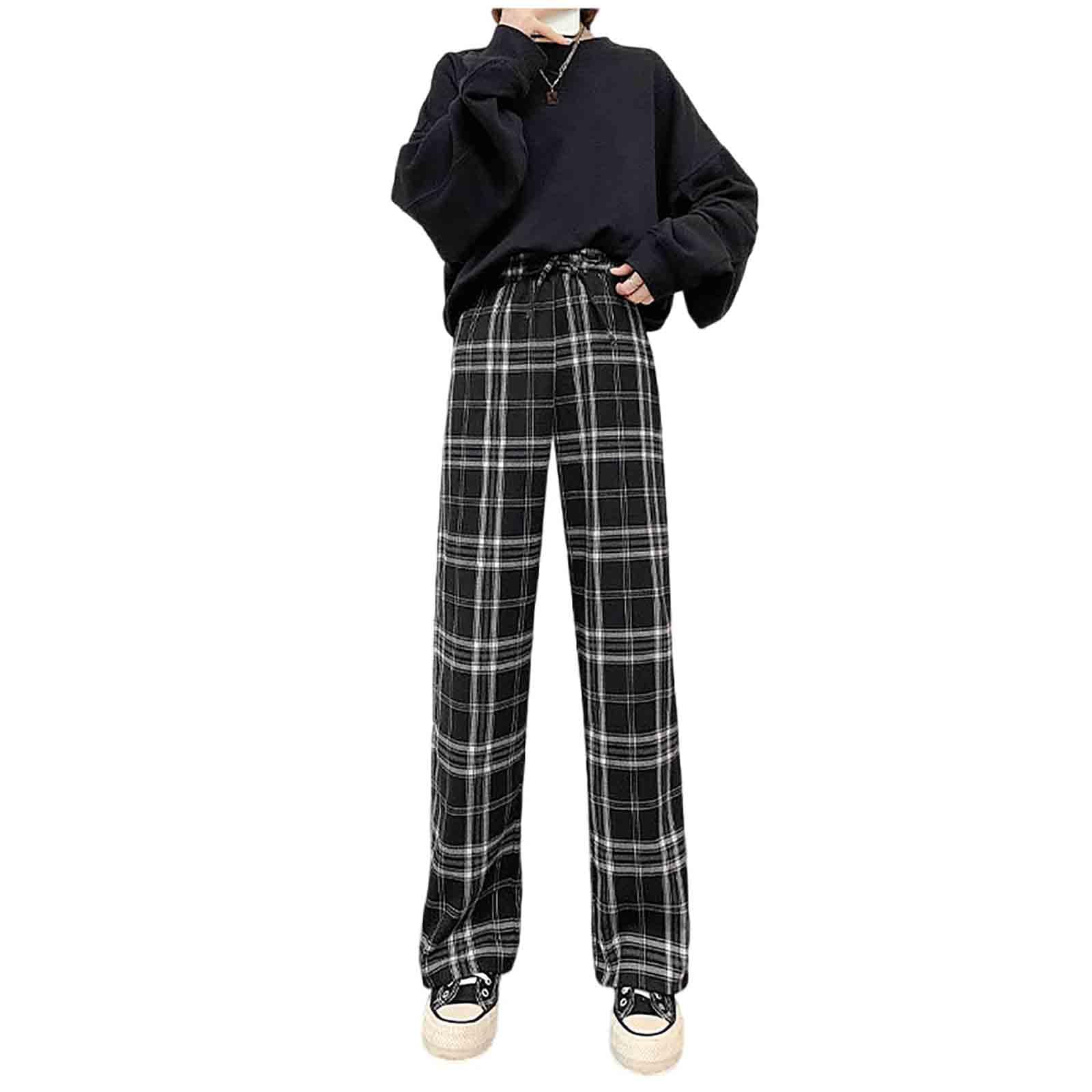 Womens Casual Straight Plaid Pants with high Waisted Plaid Wide Leg Pants Black White Grid L