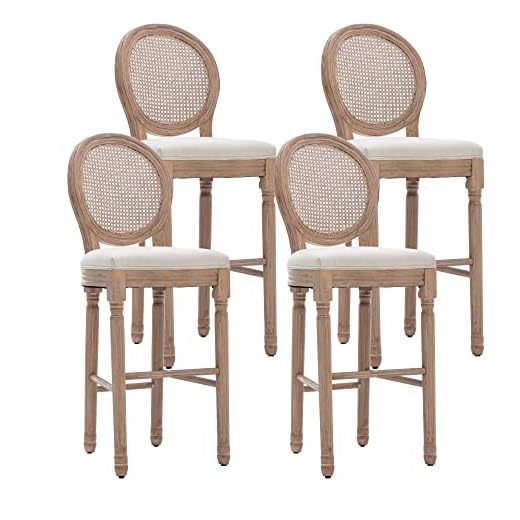 KCC Barstools Bar Height Set of 4, French Country Wooden Bar Stools with Upholstered Seating, 29 Inches Bar Chairs with Solid Wood Frame, Rattan Back