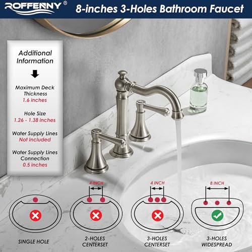 Roffenny 2-Handle Brushed Nickel Bathroom Faucet 8 inch Widespread for 3 Holes with Plastic Pop-Up Drain, Classic Bathroom/Lavatory/Vanity Sink Faucets, High Arc 360° Swivel Brass Spout - Thumbnail 4