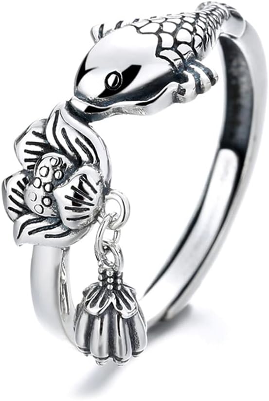 Lucky Koi Fish Statement Rings Sterling Silver 925 Adjustable Antique Lotus Flower Dangling Charm Finger Band Engagement Promise Ring Wedding Bands Fashion Jewelry Gifts for Women Girls Men
