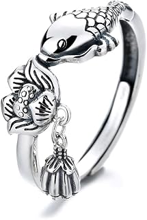 Lucky Koi Fish Statement Rings Sterling Silver 925 Adjustable Antique Lotus Flower Dangling Charm Finger Band Engagement Promise Ring Wedding Bands Fashion Jewelry Gifts for Women Men