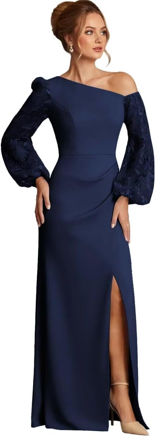 One Shoulder Mother of The Bride Dresses Laces Puffy Long Sleeve Mother of Groom Formal Dress with Slit