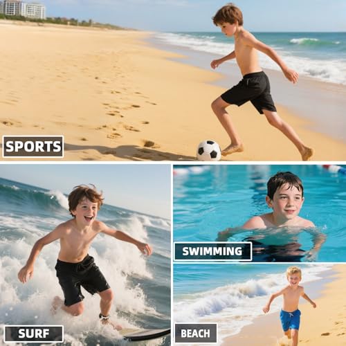 MEILONGER Kinder Badehose Jungen Schnelltrocknend Badeshorts Atmungsaktiv Wasserabweisend Boardshorts mit Mesh-Futter Taschen und Verstellbarem Tunnelzug Schwarz 164