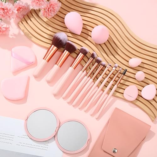20PCS Travel Makeup Brush Set,10 Pcs Small Makeup Brushes with Mirror,Storage Bag and 8PCS Makeup Sponges for Home,Travel, Party - Thumbnail 7