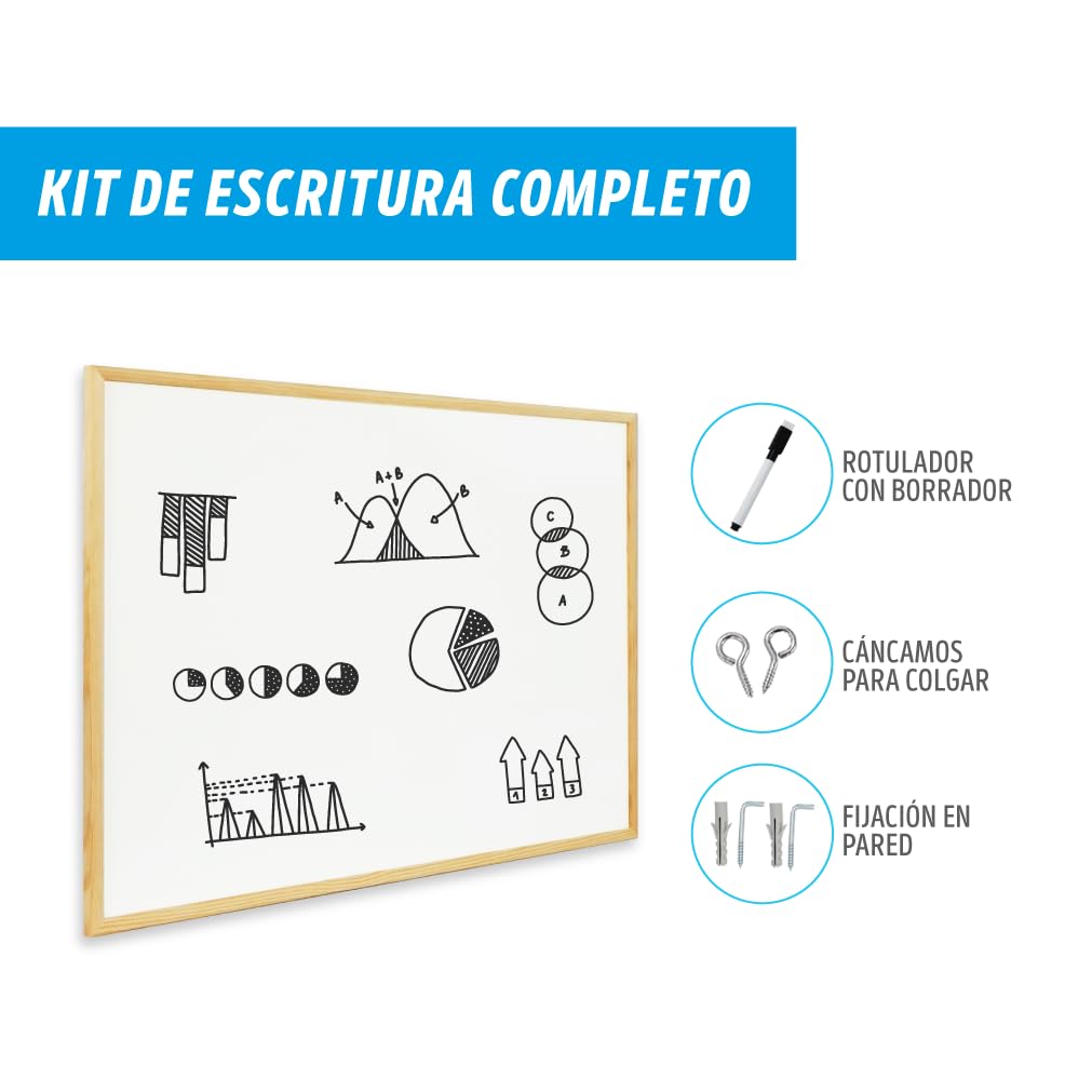 CHELY INTERMARKET Pizarra Blanca Esmaltada 50X70 CM NO Magnética Marco Madera Incluye Rotulador Borrador Kit Colgar Tablero Oficina Escuela Reuniones Presentaciones Dibujos Planificación