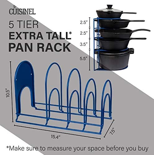 Heavy Duty Pan Rack Organiser - BLUE - Extra Large 15" / 39cm 5-Tier Kitchen Storage Organizer - Holds 60-LBS / 27 KG of Cast Iron Skillets, Dutch Oven, Pots, Griddles - Durable Steel Construction