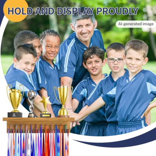 Image of Medal Holder Display Trophy Shelf Organizer, Sturdy Wooden Race Award Hanger Rack with 25 Steel Hooks, Wall Mount Storage Stand for Sports Fans, Cheer Success