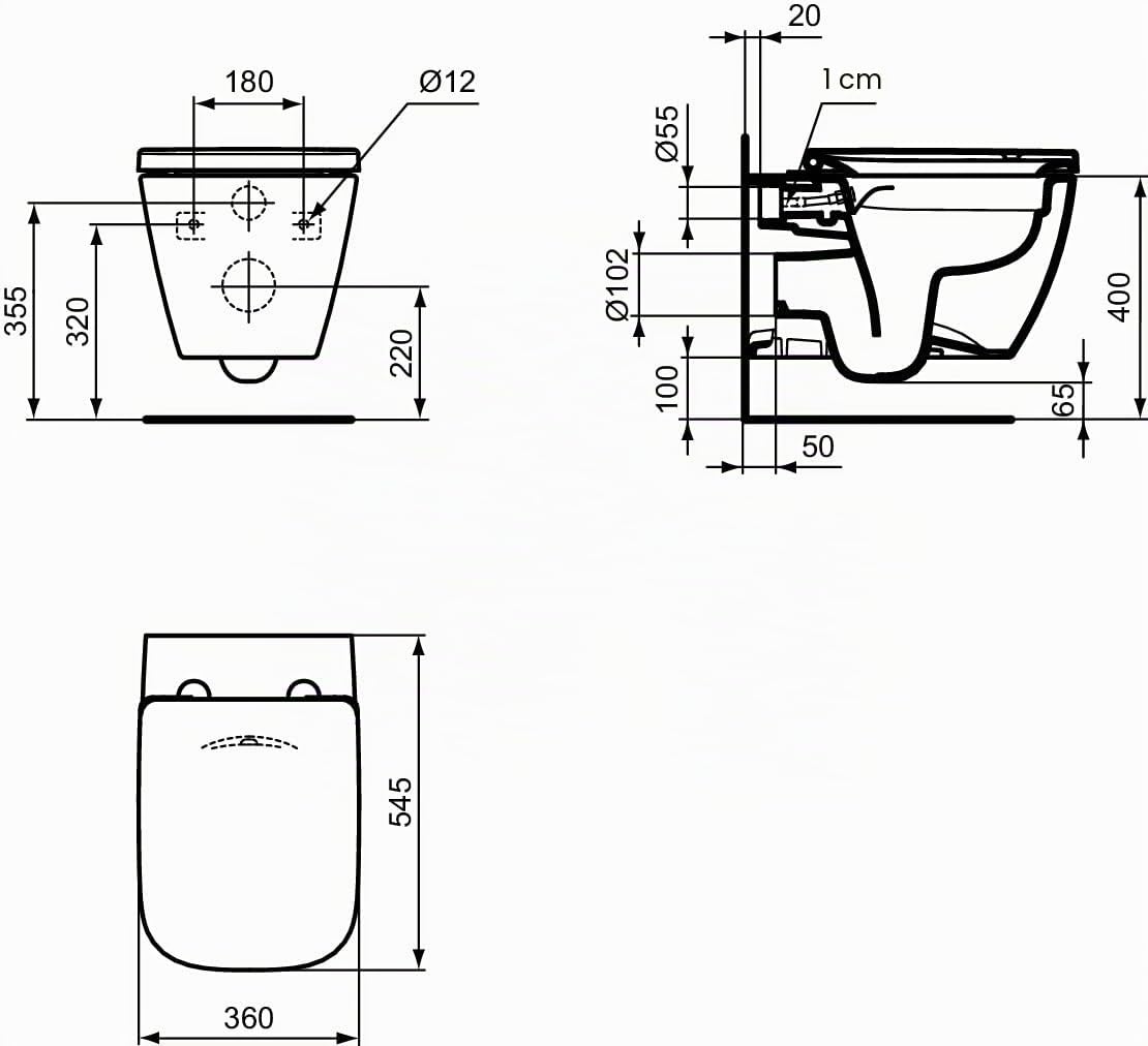 Ideal Standard - i.life B, RimLS+ WC suspendido sin borde completo con tapa de inodoro de cierre lento, E-packaging dedicado al transporte de cerámica, Blanco