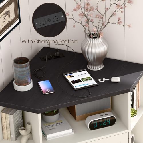 Image of Halitaa Corner Storage Cabinet, Farmhouse Corner Bookshelf with Storage 6-Cubby Wooden Cabinet with USB Ports and Outlets Industrial Organizer for Small Space, Study, Playroom, Rustic White and Black