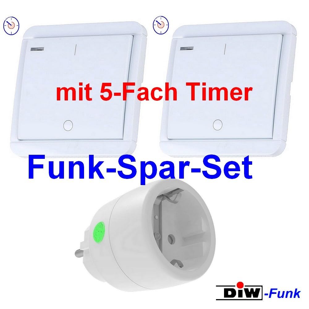 PT-522 DIW-Funk SPARSET Funksteckdose 2300 Watt + 2 x Funk-Wandsender mit 5-Fach Count-Down Timer spart Strom