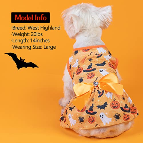 Kyeese Halloween Dog Dress For Small Dogs Pumpkin Ghost Dog Dresss With Bowtie Dog Apparel, M #TOP4