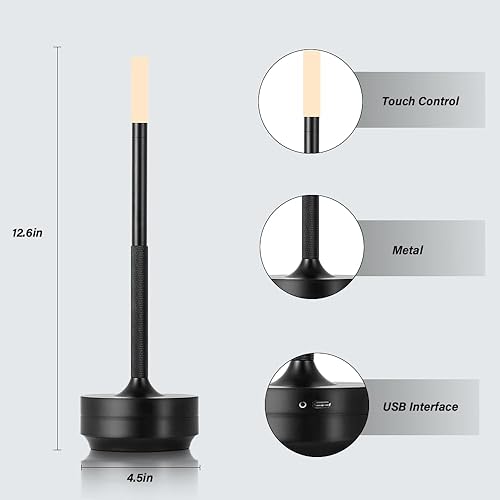 Miniatura 7 de Lámpara de escritorio portátil de metal, lámpara de mesa LED inalámbrica, lámpara recargable de control táctil de 3 colores, lámpara de escritorio