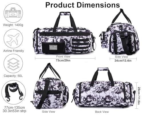 Image of LHI 50L Tactical Duffle Bag for Men, 3-in-1 Gym Duffle and Backpack, Shoe Compartment, Laptop Sleeve and MOLLE, Carry-On Travel Weekender and Overnight Bag - Black and White