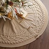 48 inch Christmas Tree Skirt: Diamond Cable Combo Edge Knit Tree Skirt for 7.5ft Tree, Beige Tree Skirt, Vintage Tree Skirts, Rustic Farmhouse Christmas Decorations
