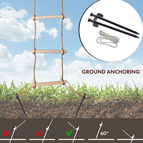 Wooden Rope Ladder for Kids with Ground anchoring - Lenght 6.5'(2m) Width 16"(40cm) - Outdoor or Indoor Climbing Rope Ladder for Ninja Slackline, Backyard, Playground, Home Gym, Park, Treehouse - Thumbnail 6
