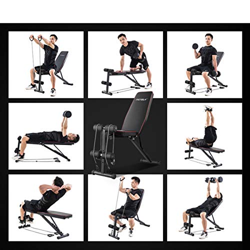 KINGMAZI Adjustable Weight Bench, Exercise Workout Bench for Full Body Workout- Multi-Purpose Foldable Bench, Folding Dumbbells Bench with Elastic Ropes, 400lbs Capacity
