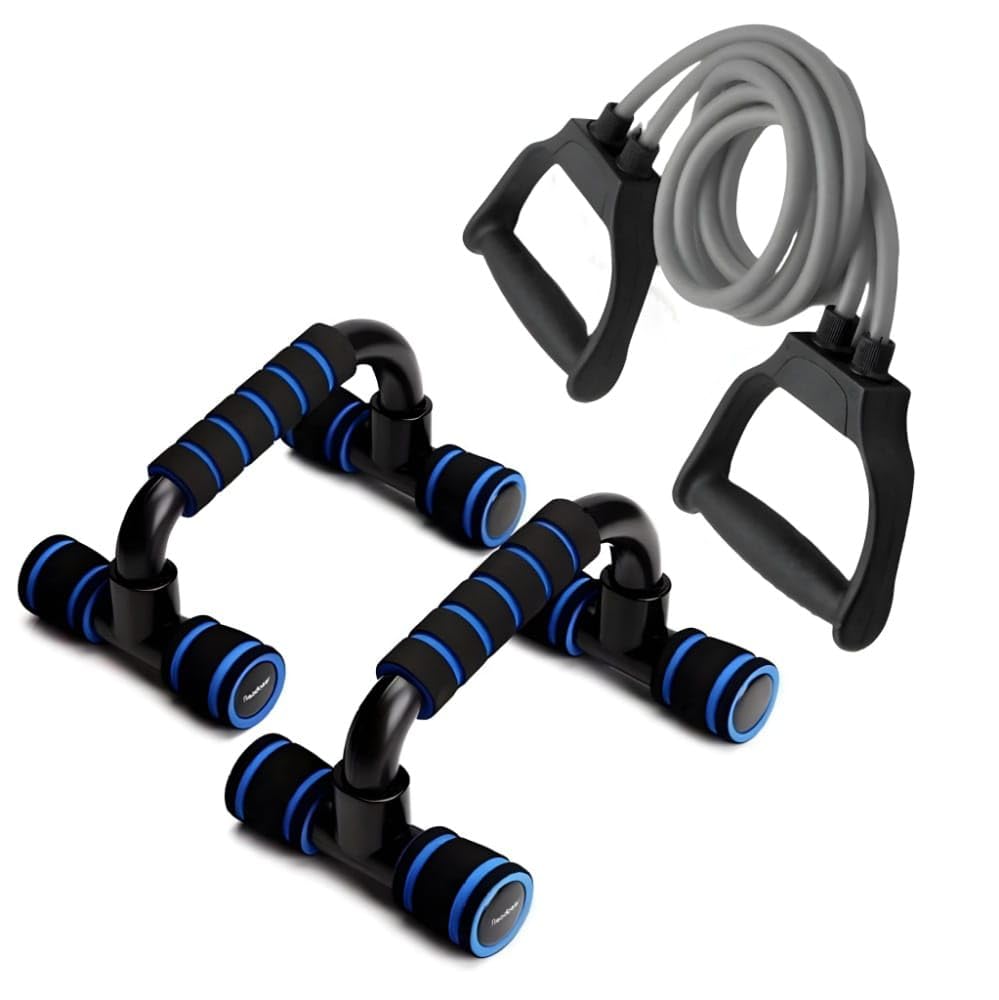 VUVAILVuvail Push-Up Bar Stand And Resistance Band (7-15kg) Combo Set| Abs Cushioned Foam Handles Bar| Double Tube Rubber Power Band for Chest| Back| Legs| Biceps| Abs| Shoulder| Pull Up| Abdomen| Loop Band for Upper Body Exercise And Stretching Kit| Full-Body Fitness Workout Tool| Home Gym Equipment for Men & Women