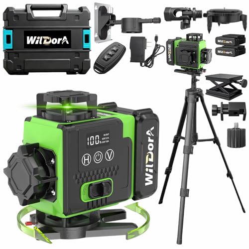 Wildora 16 Line Laser Level 4x360 Green Laser Leveler 4 Auto Self Leveling 2x4800mAh 48H Runtime Batteries Long Range Remote Laser Level Kit with Tripod and Hard Case for DIY & Renovation