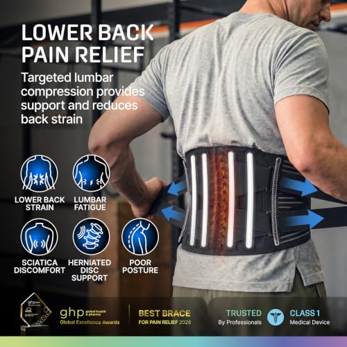 Image of Modvel Back Brace for Lower Back Pain Women and Men - Lumbar Support Belt for Sciatica, Herniated Disc, Muscle Strain - Adjustable Breathable Work Brace with 6 Stays - Support for Posture