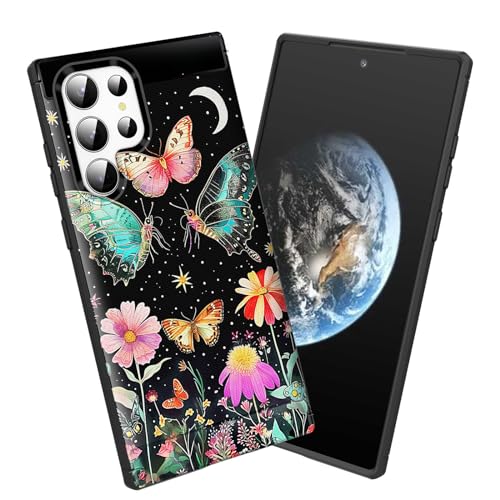 smauncucn for Galaxy S24 Ultra Case,Soft TPU Slim Fashion Anti-Fingerprint Non-Slip Protective Phone Case Cover for Samsung Galaxy S24 Ultra 5G 6.8 inch 2024,Butterfly Moon Flower