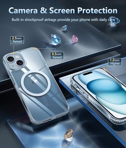 Image of FNTCASE for iPhone 15 Case Clear: iPhone 14 /13 Case Magnetic Phone Cases with Screen Protector Compatible with Magsafe Slim Anti Yellowing Rugged Protective Transparent Cell Cover (A-Clear)