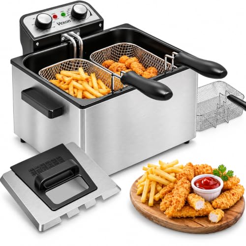 1800W 5 Liters/21 Cups Large Electric Deep Fryer with 3 Frying Baskets, Adjustable Temperature,View Window Lid,Countertop Stainless Steel Body Deep Fryer Pot,Perfect for Kitchen, Fry Fish for Home Use