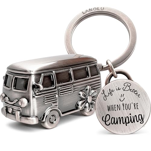 LANOLU Llavero de la suerte de camping, regalo para caravana, regalo para camping y campista, remolque 3D, accesorios de metal, plata, Llavero