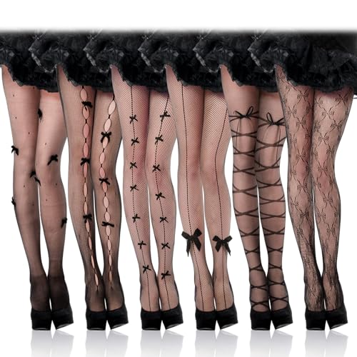 6 Pairs Bow Stockings Tights for Women Fishnet Tights High Waist Stockings Black Lace Pantyhose Bows Hosiery Goth Fishnet Leggings Pantyhose for Halloween Party Accessories