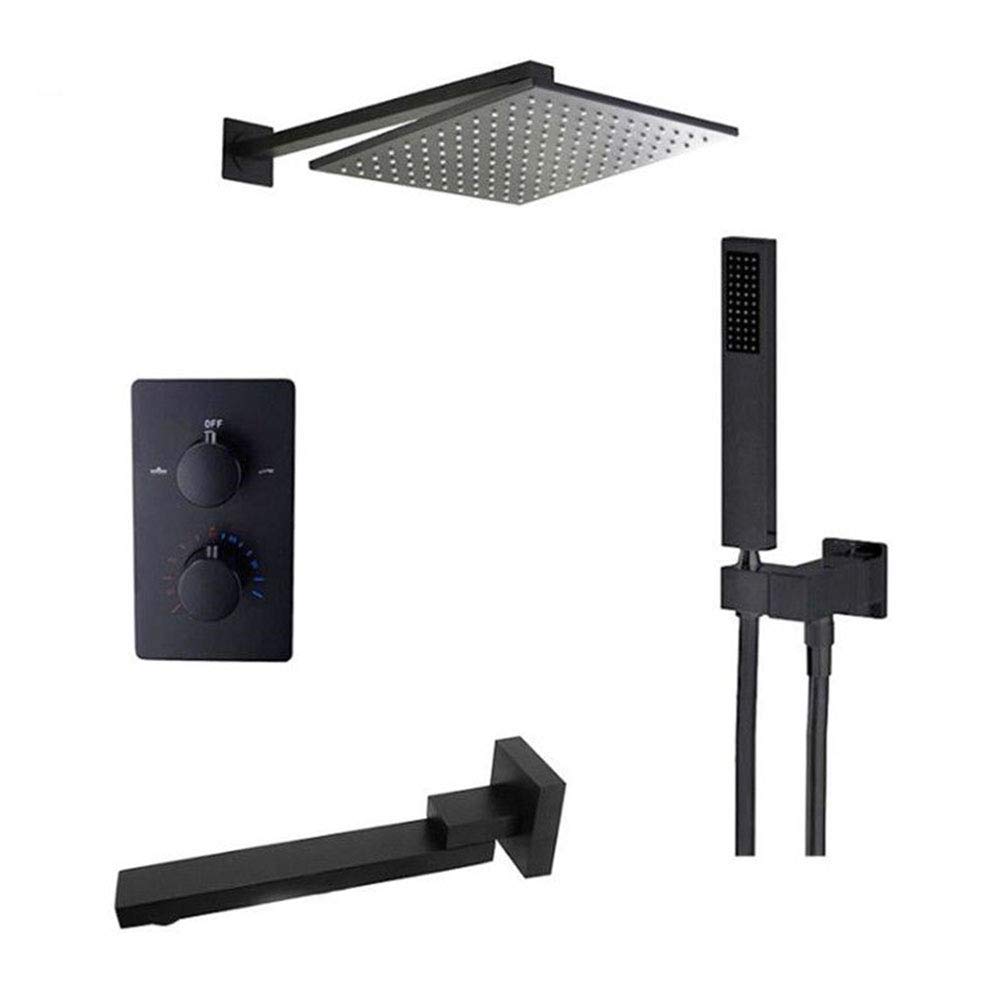 QUSYZD Shower Faucets,Black Bath Shower Mixer Kits Wall Mounted Rain Waterfall Thermostatic Shower Head Shower Faucet with Hand Shower,