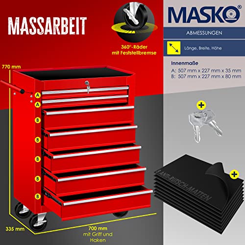 Masko® Werkstattwagen - 7 Schubladen, rot ✓ Abschließbar ✓ Massives Metall | Mobiler Werkzeug-Wagen ohne Werkzeug | Profi Werkstatt-Wagen | Rollwagen zur Werkzeugaufbewahrung mit Schloss | – Bild 8