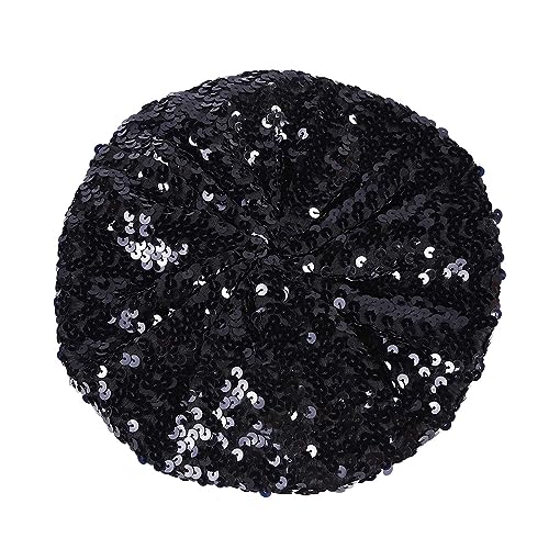 Women's Girls Sparkly Sequin Beret Hat Fashion Fun Stretch Bling Beanie Cap Headwear for Festival Party Club Black
