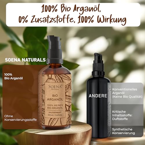 ARGANÖL BIO KALTGEPRESST | 100% Rein | Für Haare Haut & Nägel | Pipette+Pumper | Original aus Marokko | 100ml im lichtgeschützten Braunglas | Für Kosmetik | Feuchtigkeitspflege von Soena