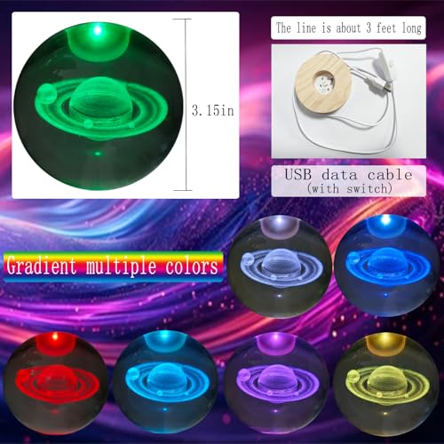 Image of 3D Saturn Crystal Ball 3.15 inch / Wooden USB Switch Base with LED Gradient Lighting /Saturn Ring Model Decor /Birthday, Christmas, Valentine's Day, Christmas Gifts