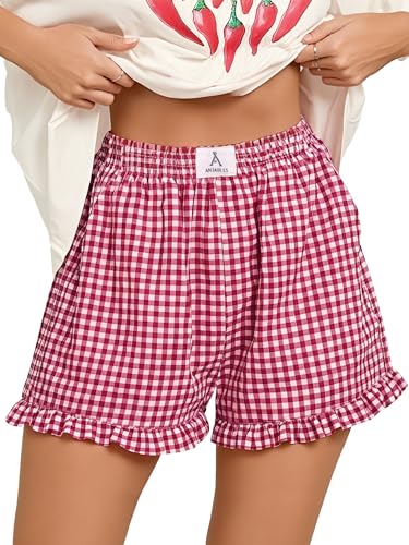 ANRABESS Womens Ruffle Boxer Shorts Pajama Gingham Shorts Summer Casual Lounge Sleep Plaid Beach Bottoms Pockets 2026 Trendy Red White Plaid Medium
