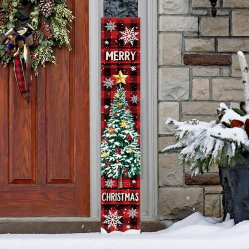 Threehoney 47" Large Christmas Porch Sign Red Buffalo Plaid Welcome