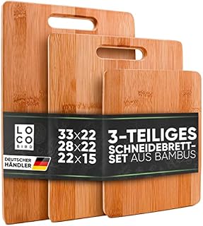 Loco Bird Solid Bamboo Cutting Boards Set of 3-33x22 / 28x22 / 15x22cm - Wooden Kitchen Cutting Board - Wooden Antibacterial Cutting Board