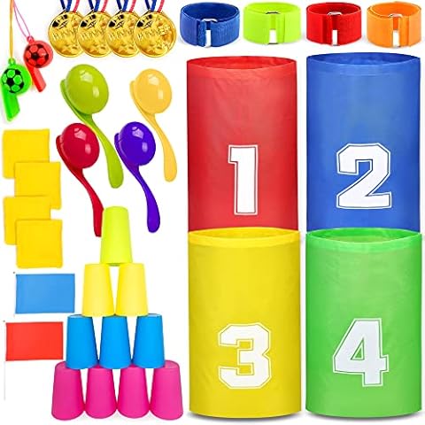 Chennyfun Sports Day Kit, 38 Pieces Outdoor Games Set for Traditional Lawn Games & Garden Races Includes Sack Race, Egg and Spoon, Legged Race Bands, Whistles and other, Family Games For Adults Kids Cover