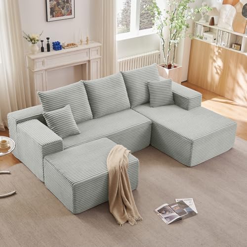 Image of Lakifun 107 inch U-Shape Cloud Couch, Modern Modular Sectional Comfy L-Shape Sofa with Ottoman, Deep Seat, Upholstered Corduroy Sleeper Chaise Longue for Living Room Bedroom, No Assembly Required, Grey