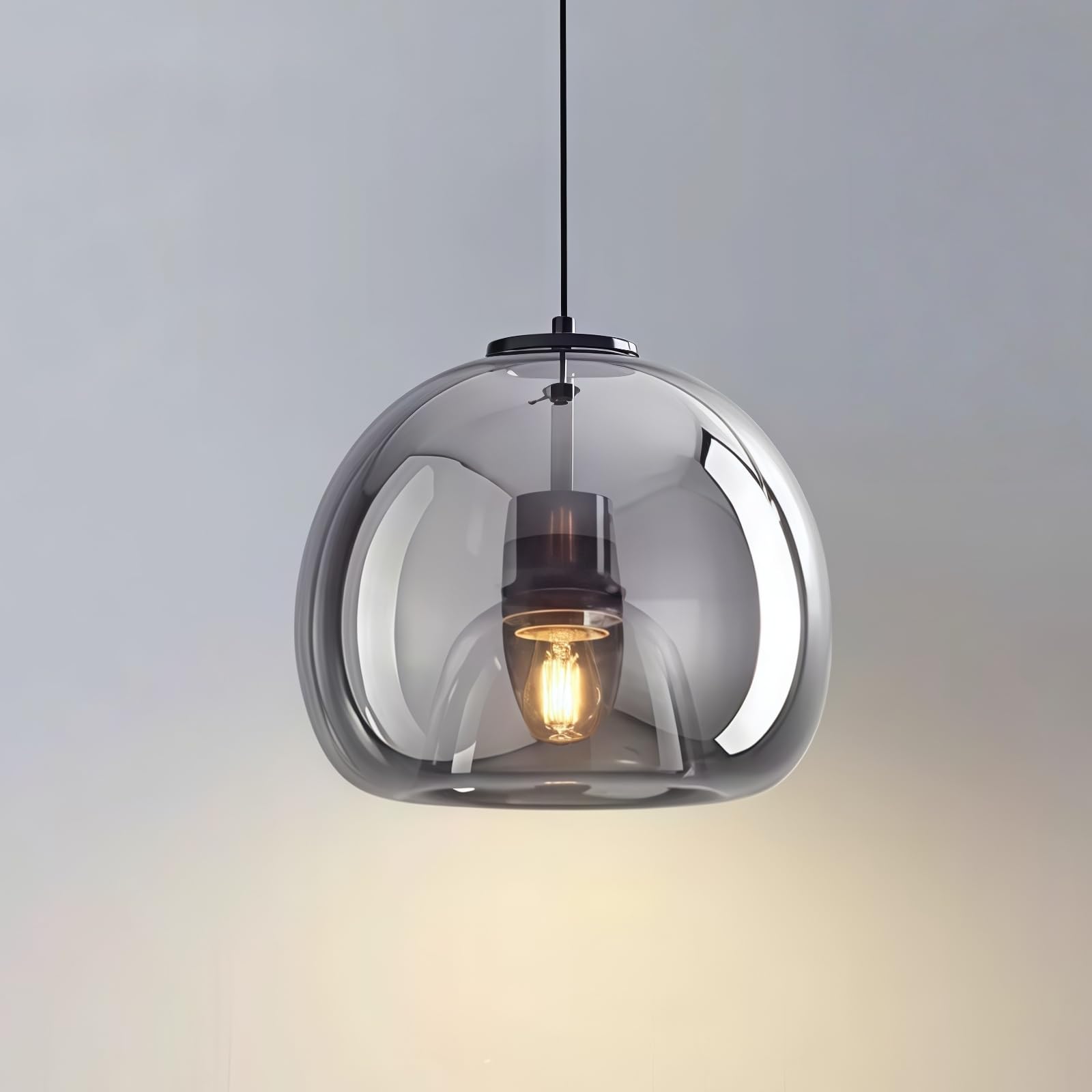 9.8" Smoke Gray Glass Pendant Light - Blown Glass Globe Pendant Light, E27 Vintage Hanging Lamp for Kitchen Island, Bedroom, Dining Room (Silver Gray)